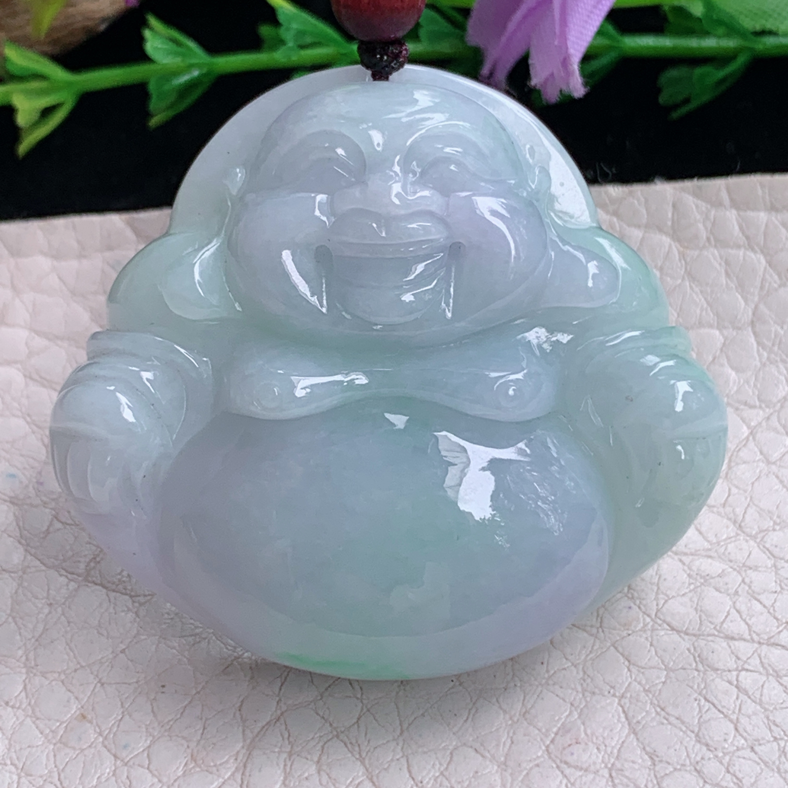 zen实拍41*45*11.3缅甸天然翡翠a货精雕春带彩佛公玉项坠 玉挂件