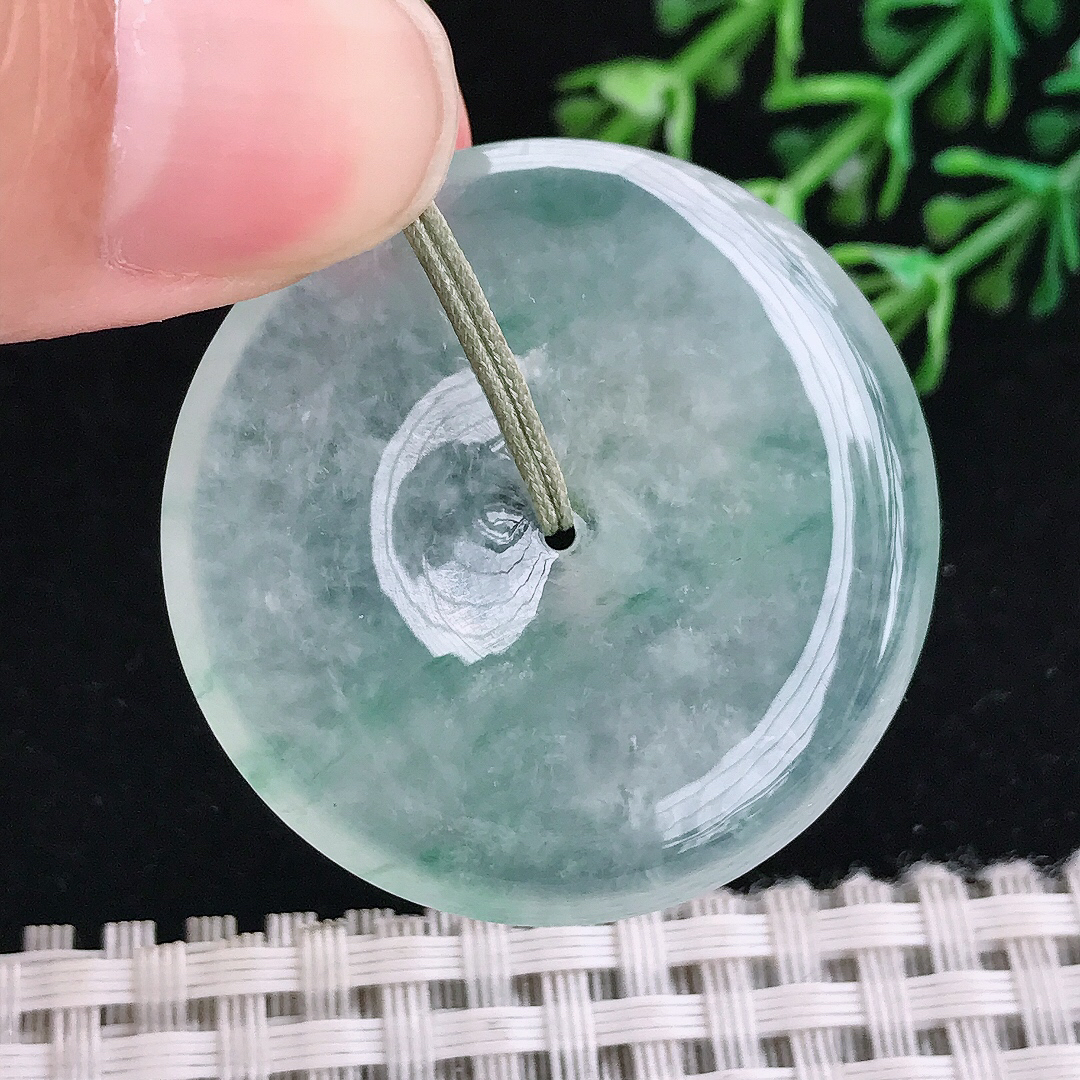 实拍A货翡翠35.5/5.9老坑冰种果冻胶冰飘花平安扣吊坠翡翠玉挂件