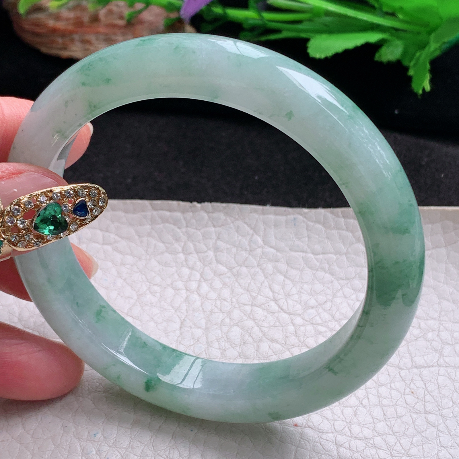 yh大圈口61.5*12*9.6平安镯 天然翡翠a货手镯冰飘花正圈玉镯子