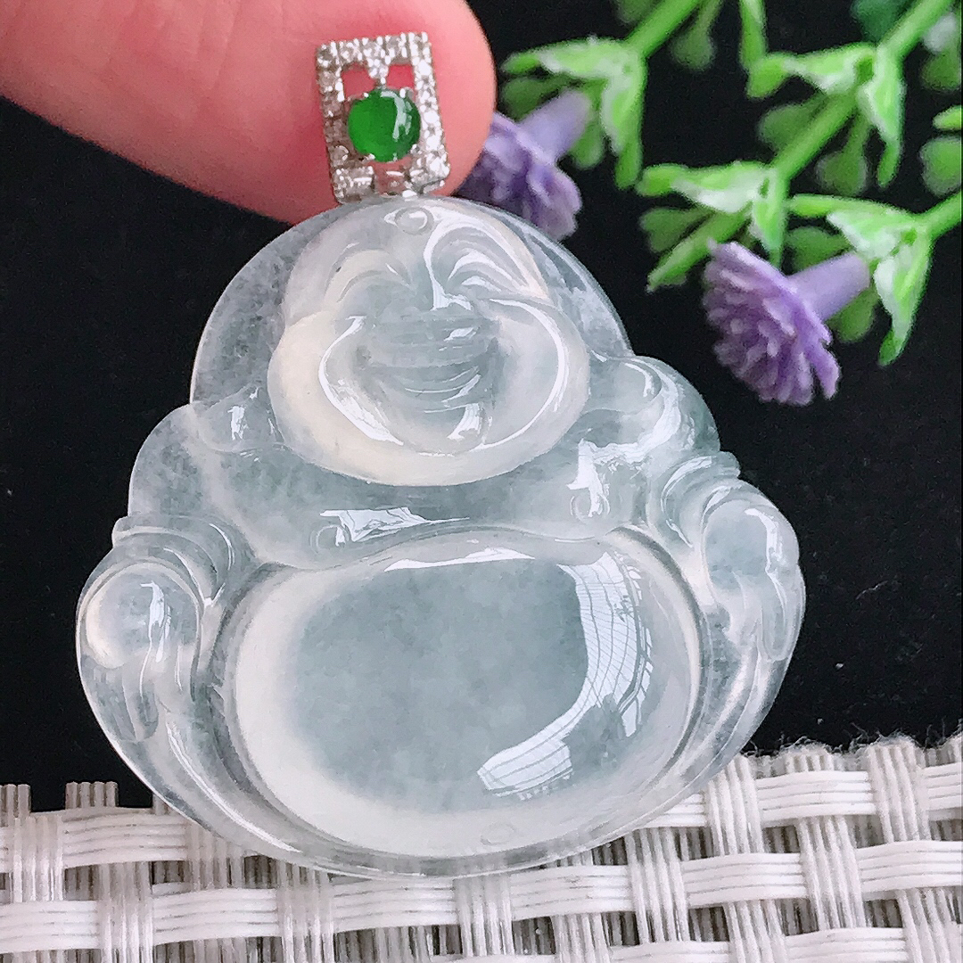 实拍A货翡翠32.6/34.9/6.8老坑18k金镶嵌冰种佛公吊坠翡翠玉佛挂件