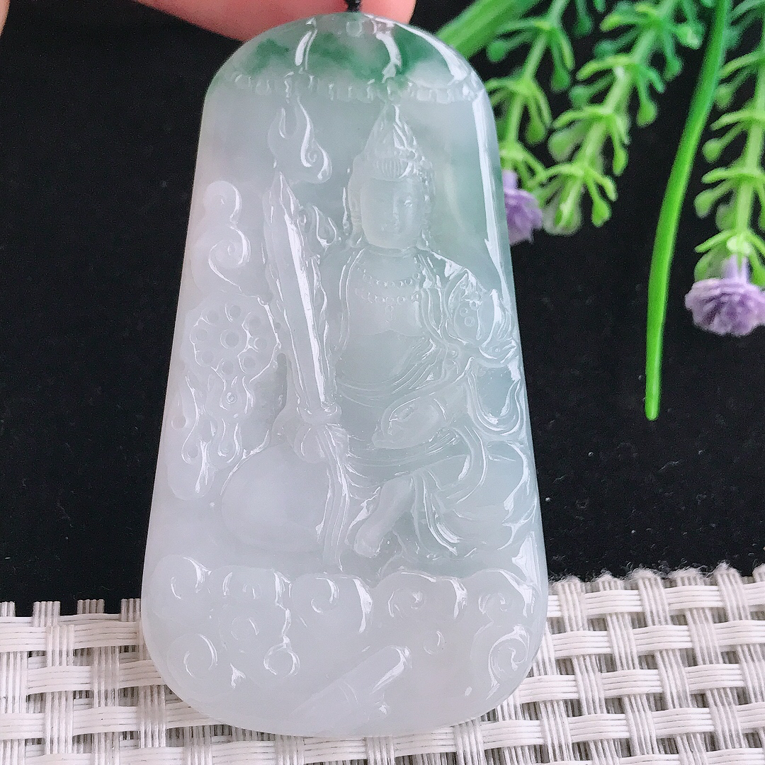 实拍A货翡翠67.5/37.5/5.5老坑冰胶水灵飘花虚空藏菩萨吊坠翡翠玉挂件