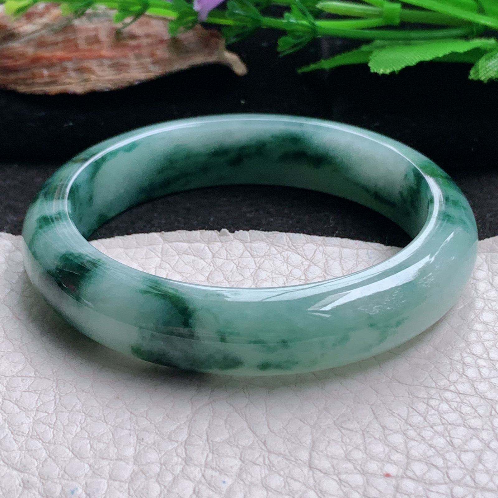 js实拍56.5*12*8平安镯 天然翡翠a货手镯冰飘花灵动正圈玉镯子