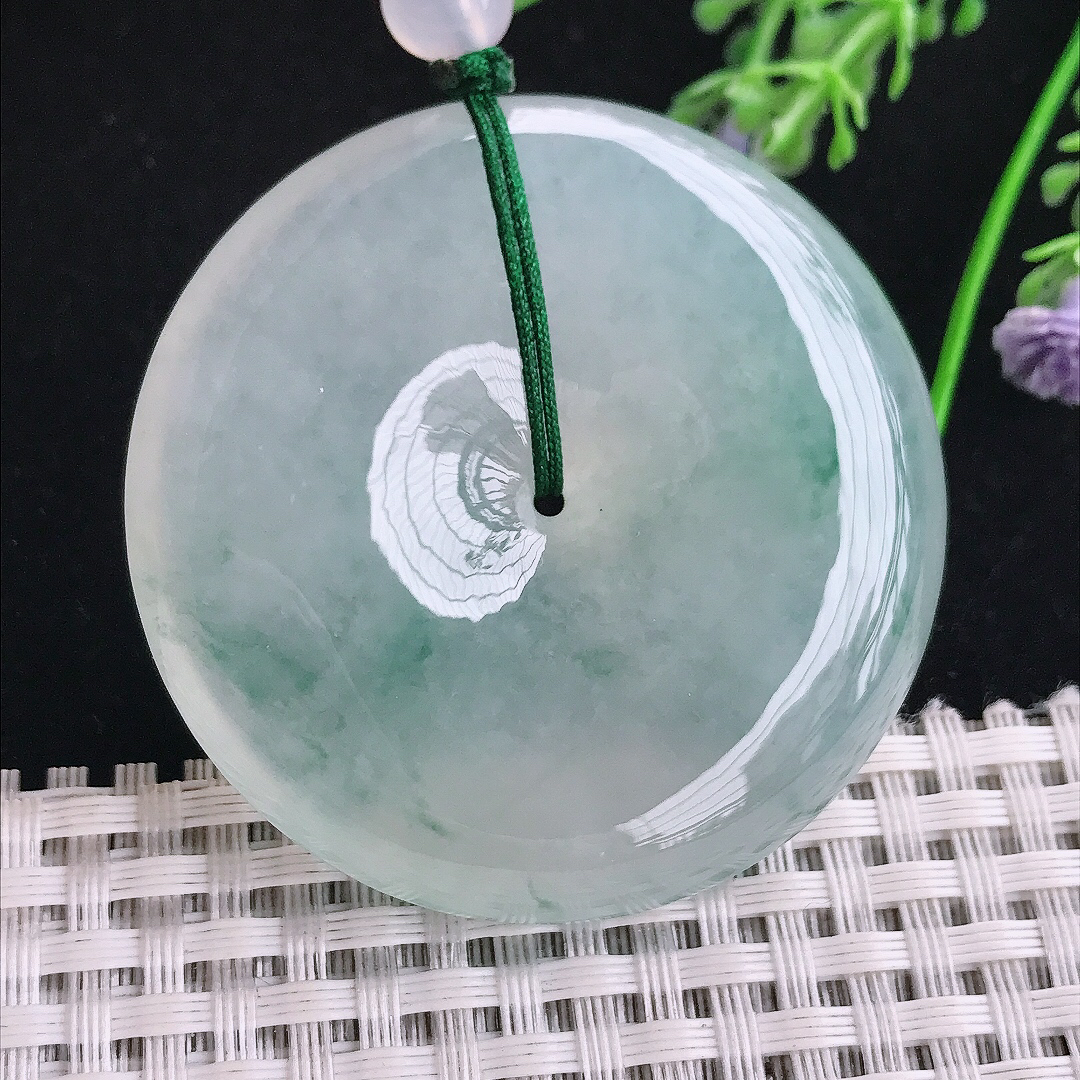 实拍A货翡翠49.6/10.5老坑冰种果冻胶冰飘花超大平安扣吊坠翡翠玉挂件