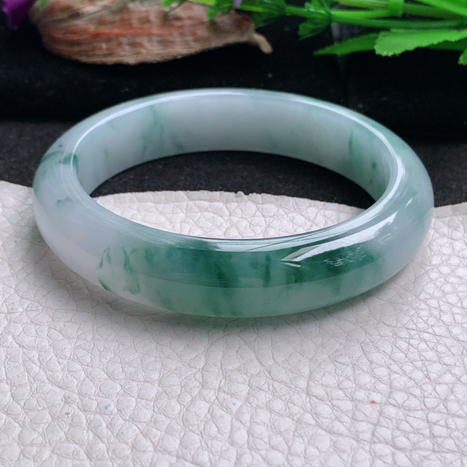 xc实拍58.5*13.5*8.3平安镯 天然翡翠a货手镯冰飘花正圈是大气玉镯子