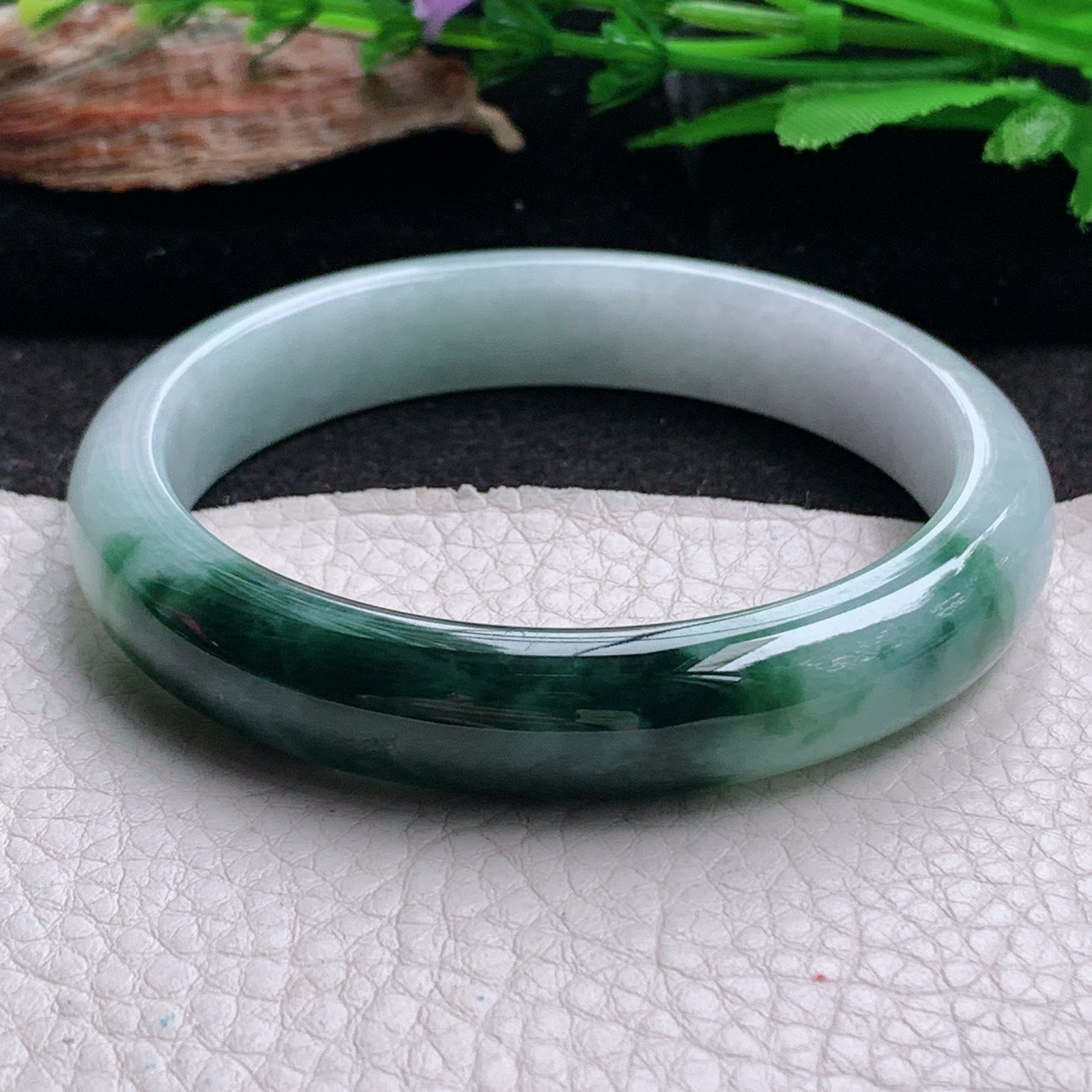 js大圈口60*12*7.7招财镯 天然翡翠a货手镯辣色半山半水正圈玉镯子