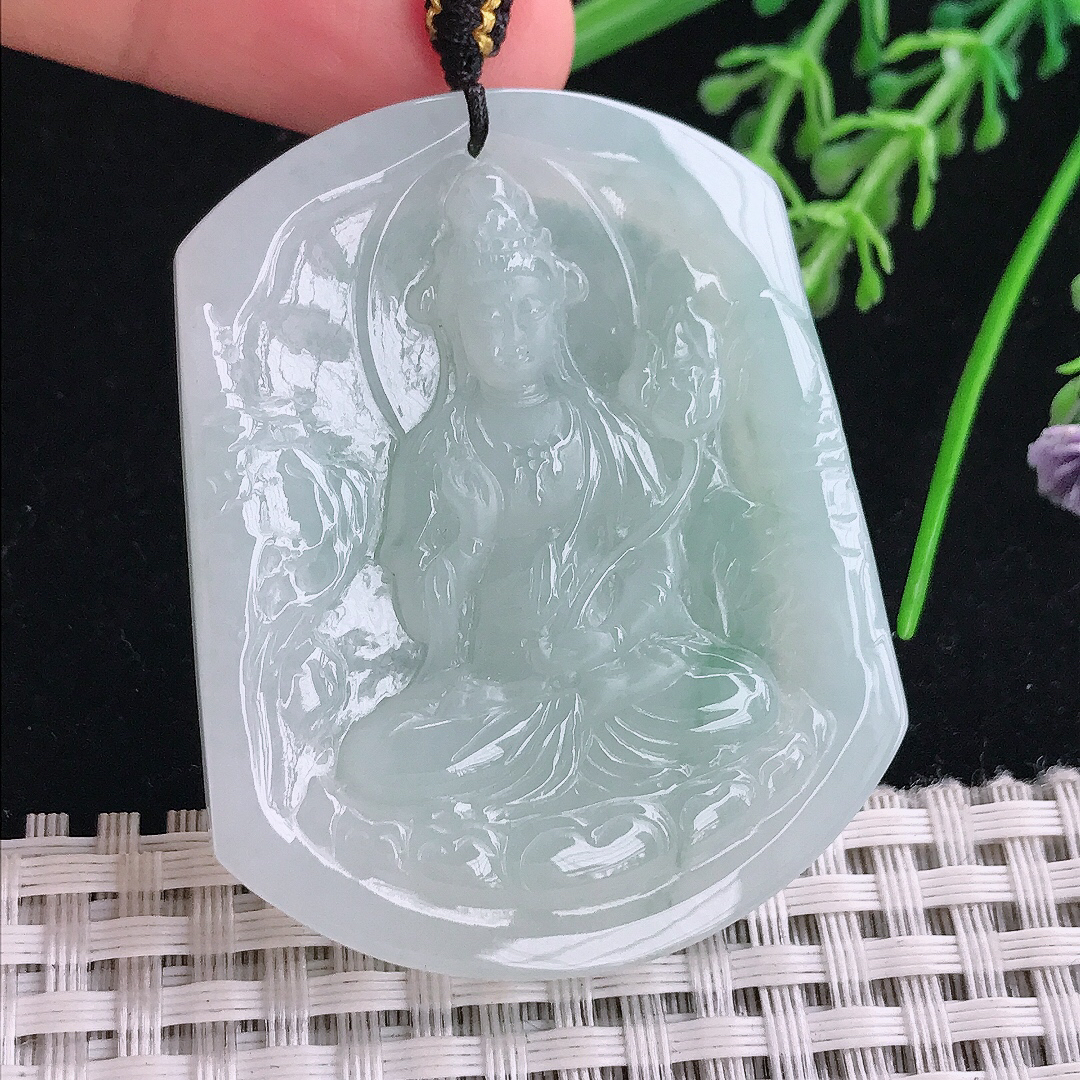 实拍A货翡翠50.8/41/6.3老坑冰纯起胶冰晴持莲观音吊坠翡翠玉大势至挂件