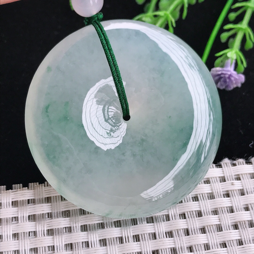 实拍A货翡翠49.6/10.5老坑冰种果冻胶冰飘花超大平安扣吊坠翡翠玉挂件