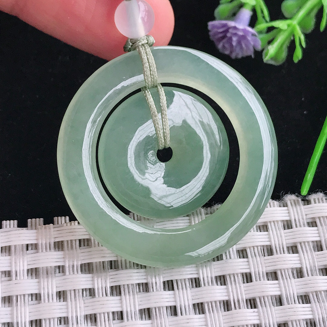 实拍A货翡翠35/3.9老坑冰胶水灵冰晴绿母子扣吊坠翡翠玉挂件