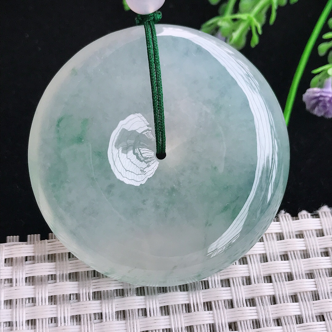 实拍A货翡翠49.6/10.5老坑冰种果冻胶冰飘花超大平安扣吊坠翡翠玉挂件