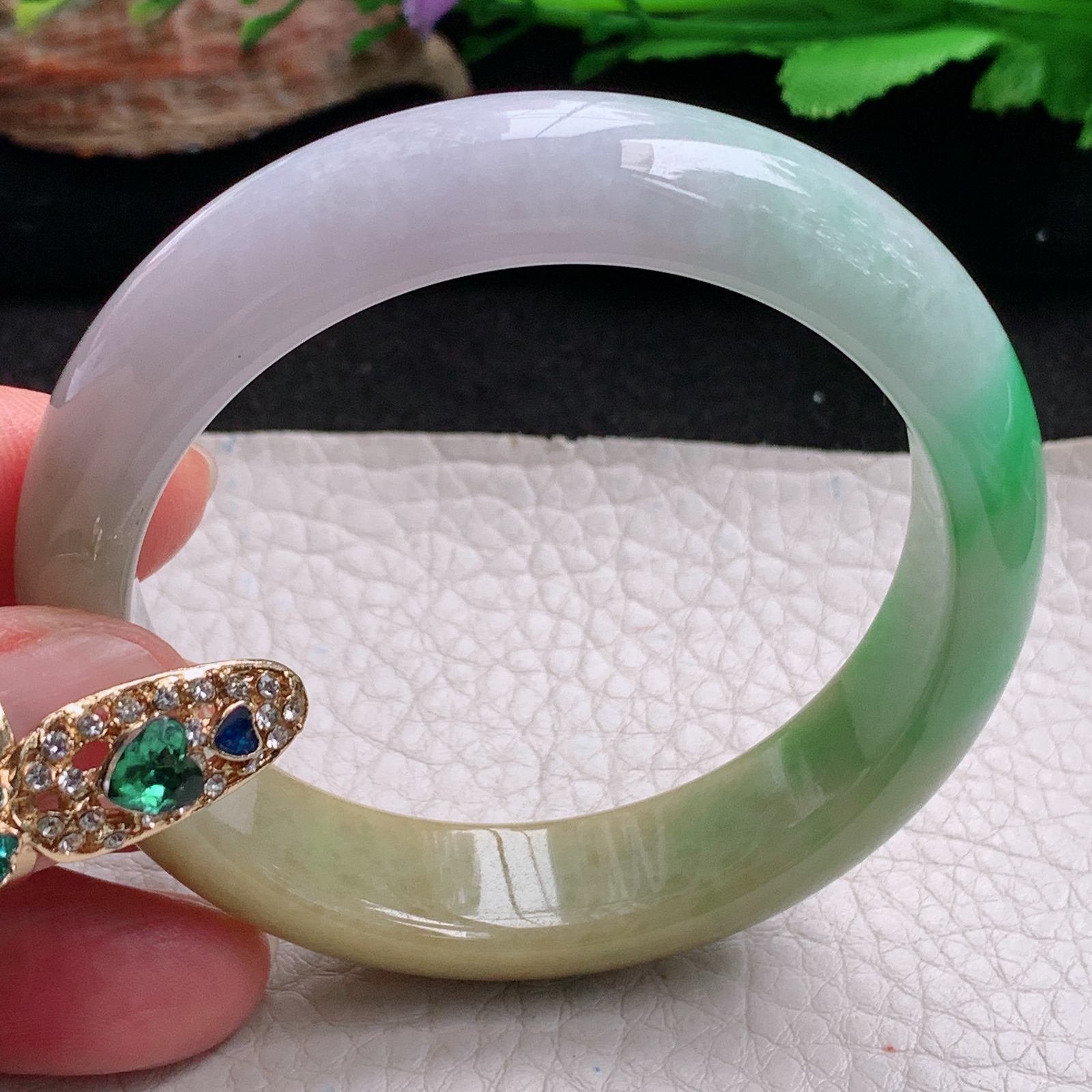 hh实拍53*13.3*7.5平安镯 天然翡翠a货手镯水润三彩正圈玉镯子