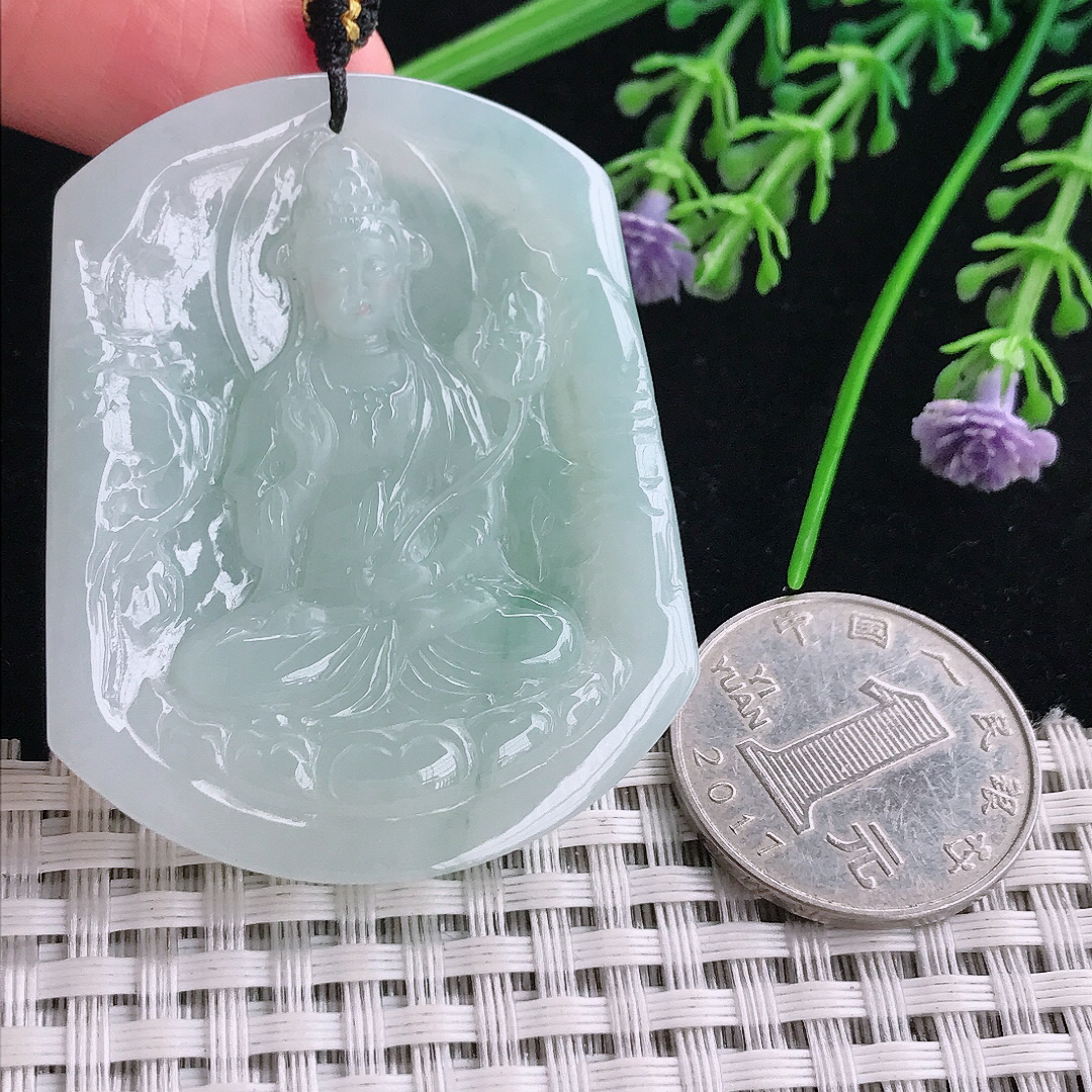 实拍A货翡翠50.8/41/6.3老坑冰纯起胶冰晴持莲观音吊坠翡翠玉大势至挂件