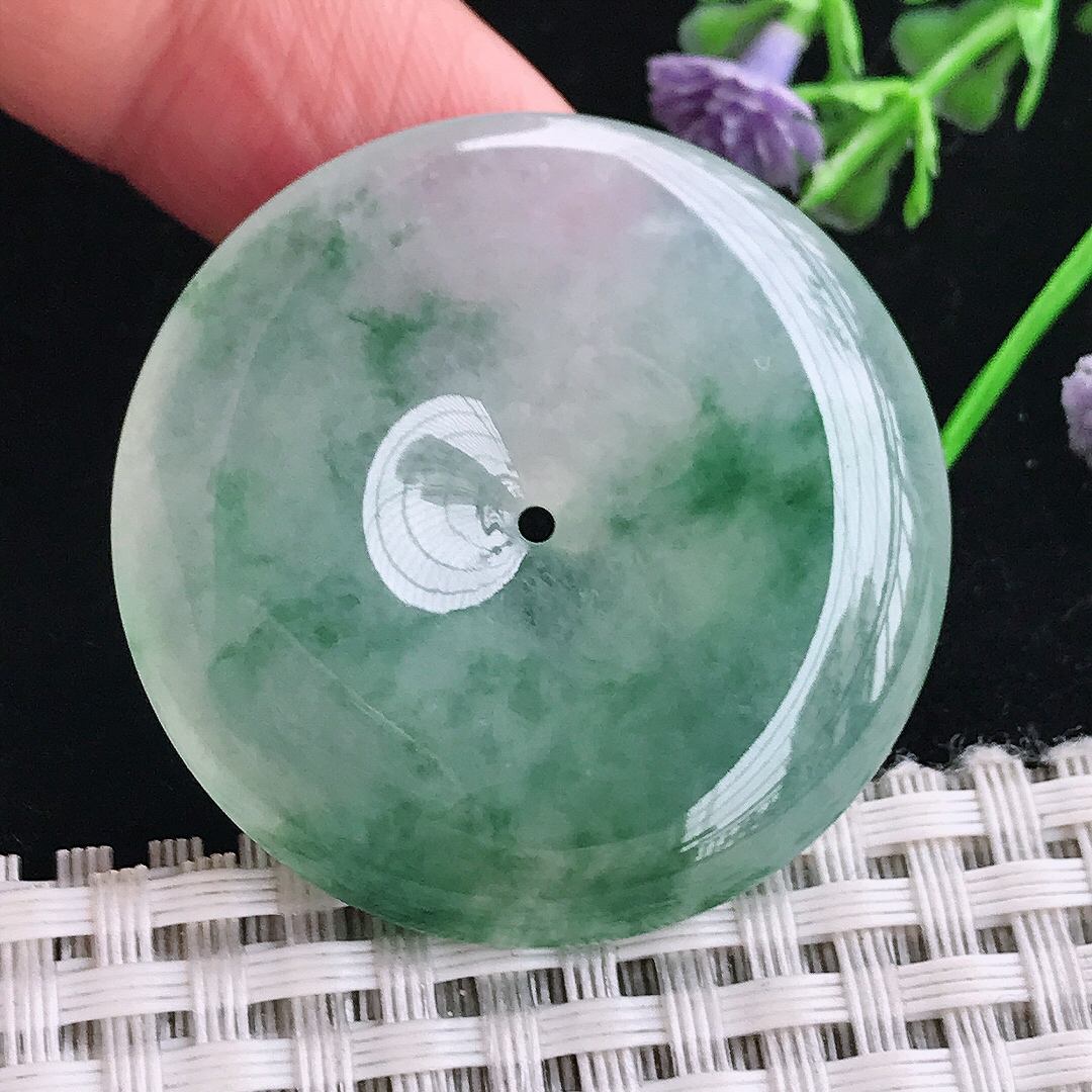 实拍A货翡翠38.5/7老坑冰胶果冻冰飘花平安扣吊坠翡翠玉扣挂件