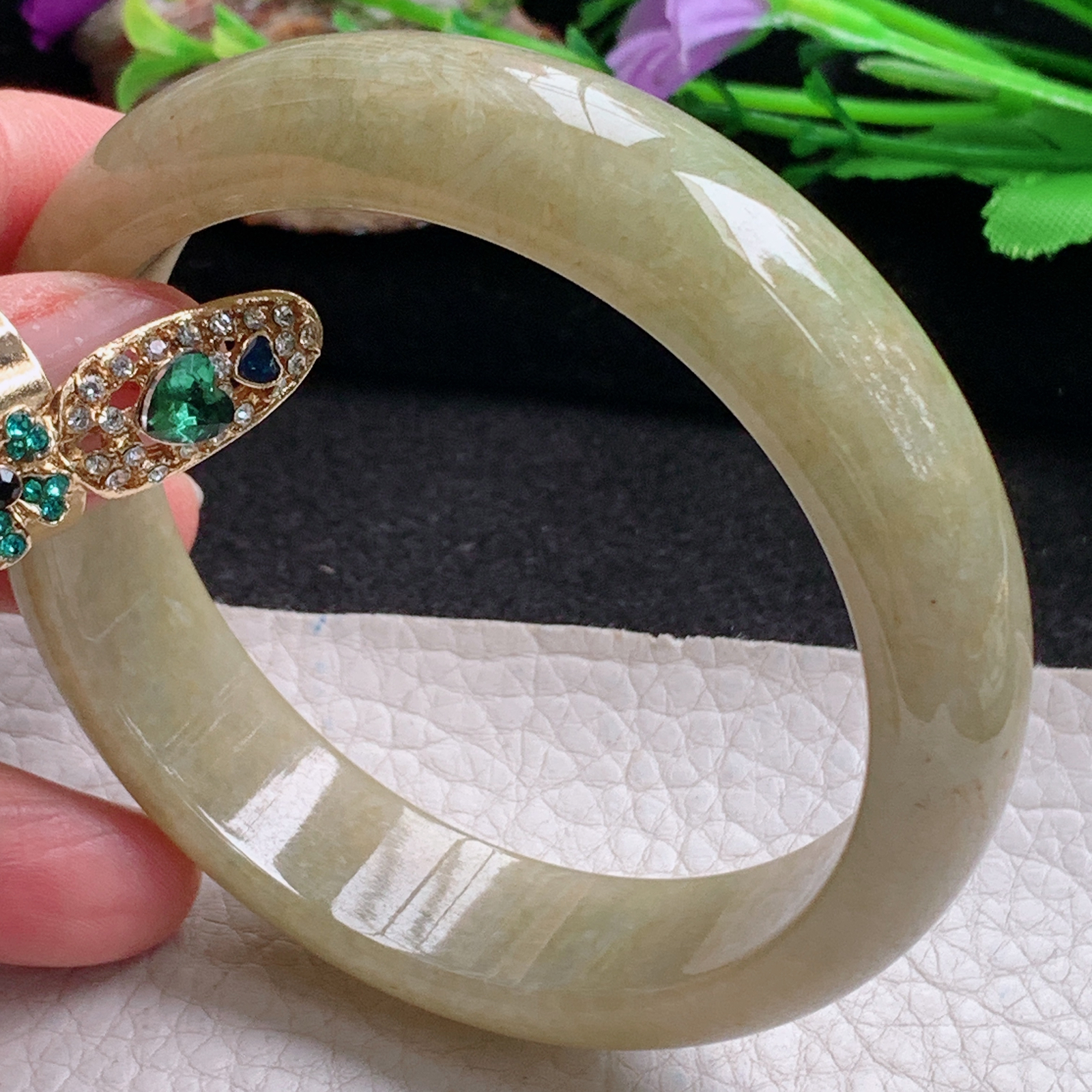 n大圈口61*15.5*8平安镯 天然翡翠a货手镯黄加绿正圈玉镯子