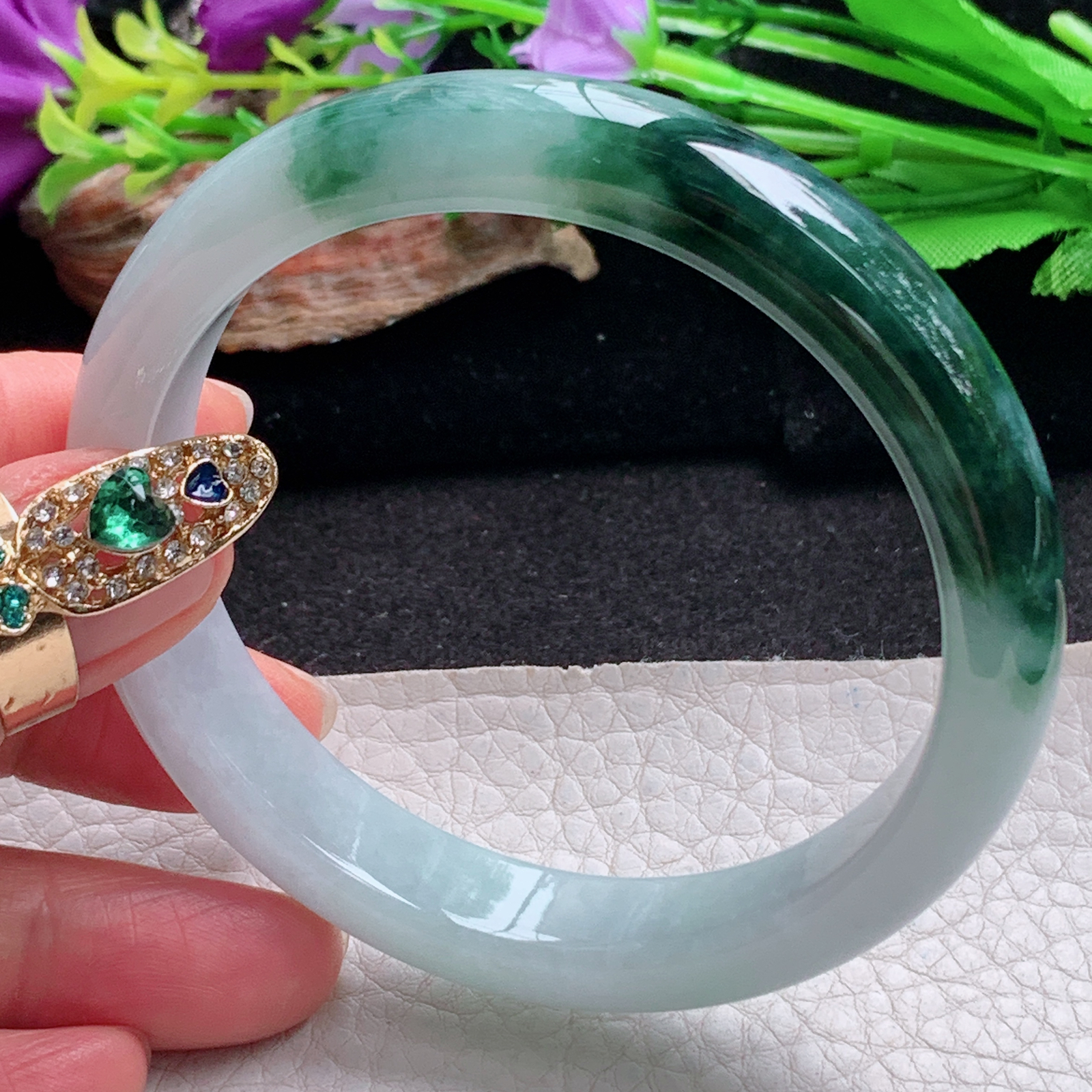 js大圈口60*12*7.7招财镯 天然翡翠a货手镯辣色半山半水正圈玉镯子