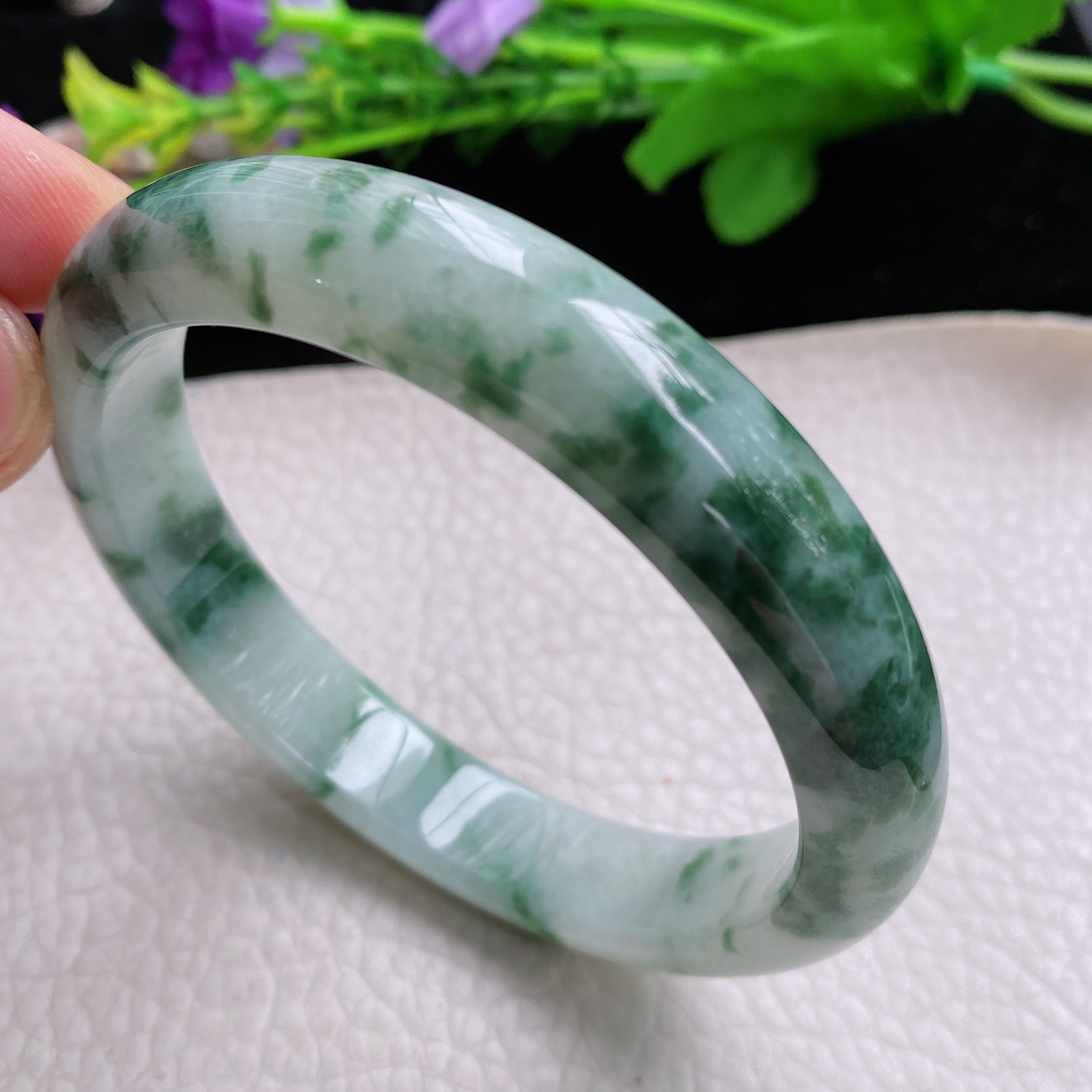 ll大圈口63*12.5*8.3平安镯 天然缅甸翡翠手镯飘花宽边正圈玉镯子