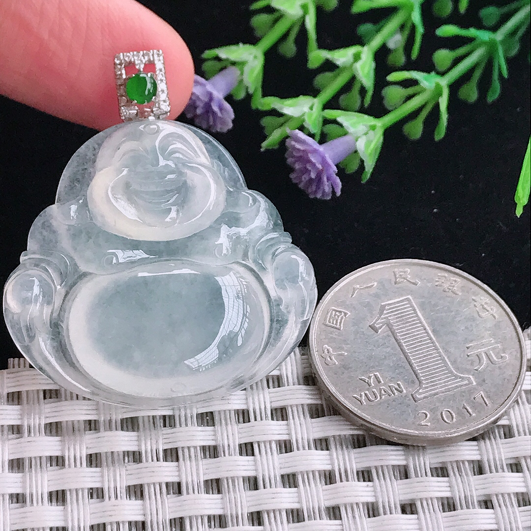 实拍A货翡翠32.6/34.9/6.8老坑18k金镶嵌冰种佛公吊坠翡翠玉佛挂件