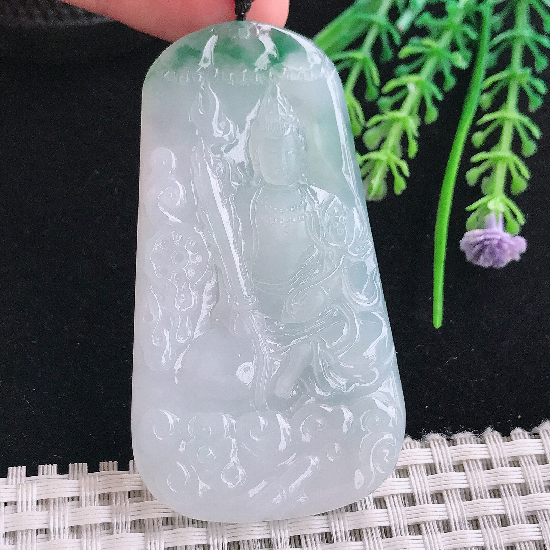 实拍A货翡翠67.5/37.5/5.5老坑冰胶水灵飘花虚空藏菩萨吊坠翡翠玉挂件