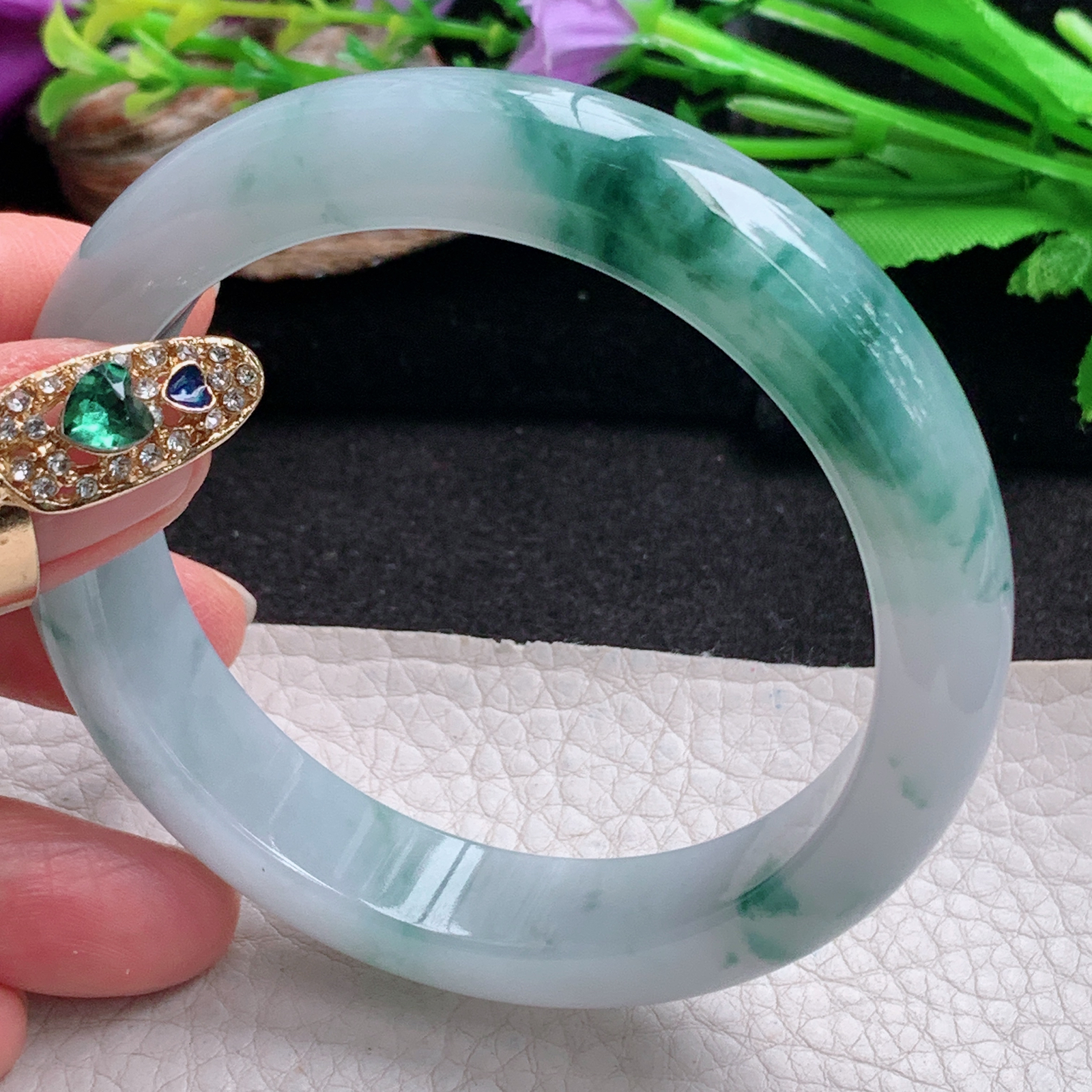 xc实拍58.5*13.5*8.3平安镯 天然翡翠a货手镯冰飘花正圈是大气玉镯子