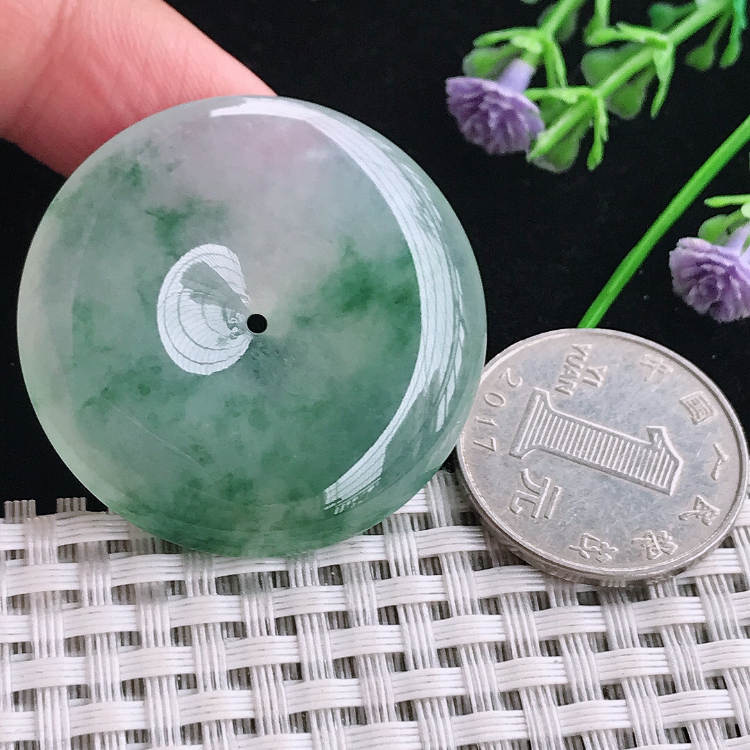 实拍A货翡翠38.5/7老坑冰胶果冻冰飘花平安扣吊坠翡翠玉扣挂件