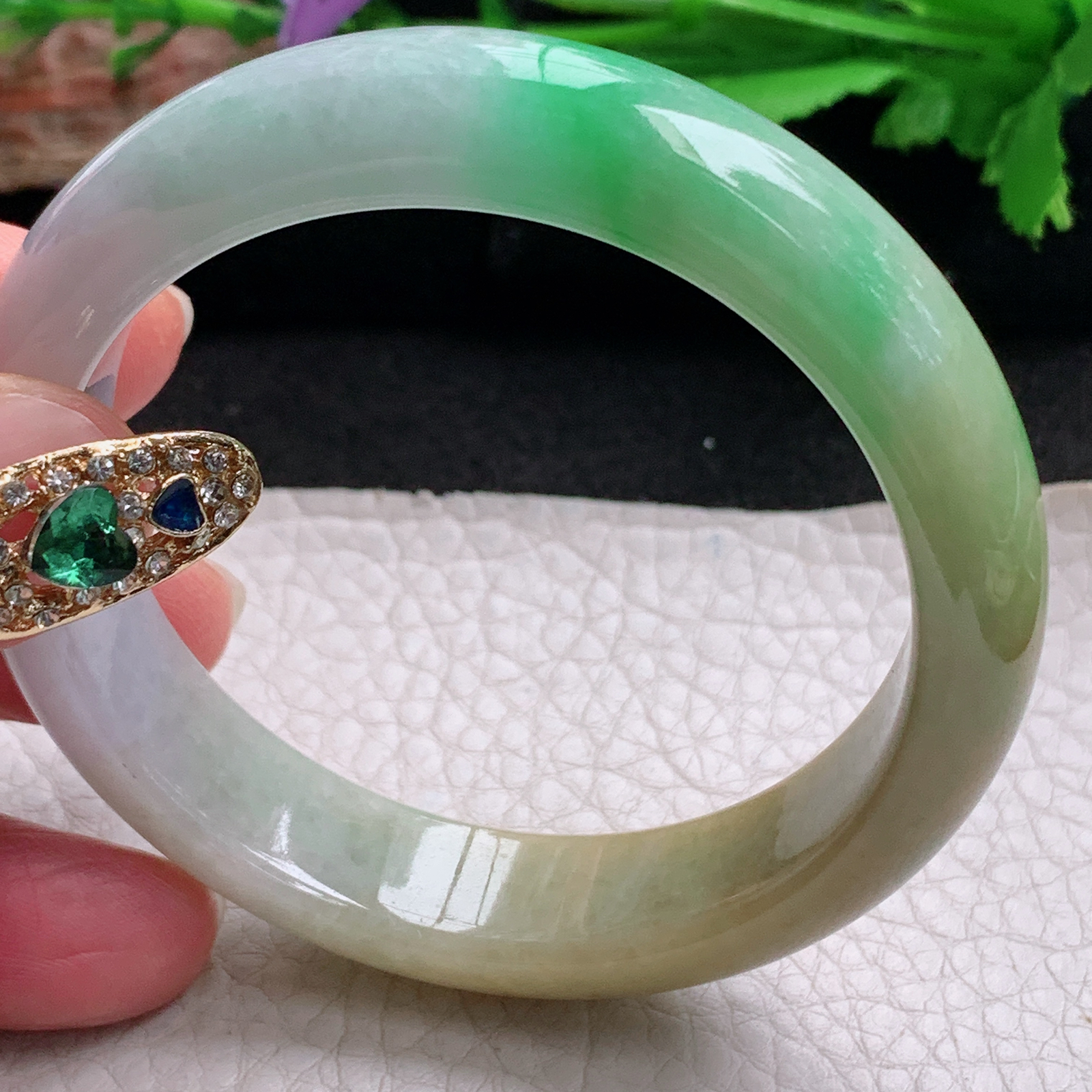 hh实拍53*13.3*7.5平安镯 天然翡翠a货手镯水润三彩正圈玉镯子