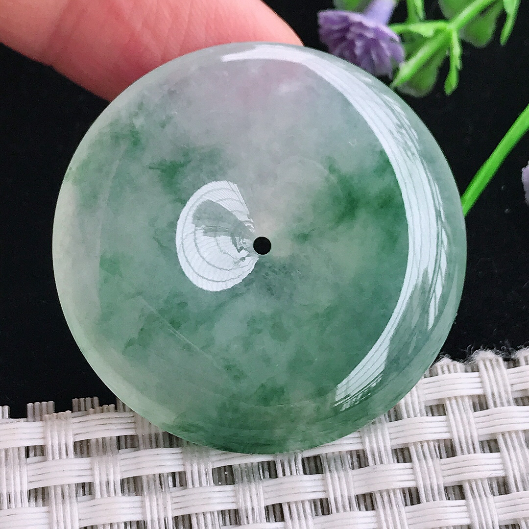 实拍A货翡翠38.5/7老坑冰胶果冻冰飘花平安扣吊坠翡翠玉扣挂件