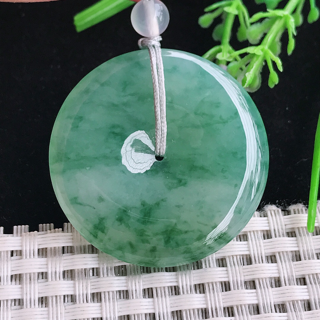 实拍A货翡翠35.9/5.8老坑冰胶果冻飘花平安扣吊坠翡翠玉扣挂件顶珠为装饰珠