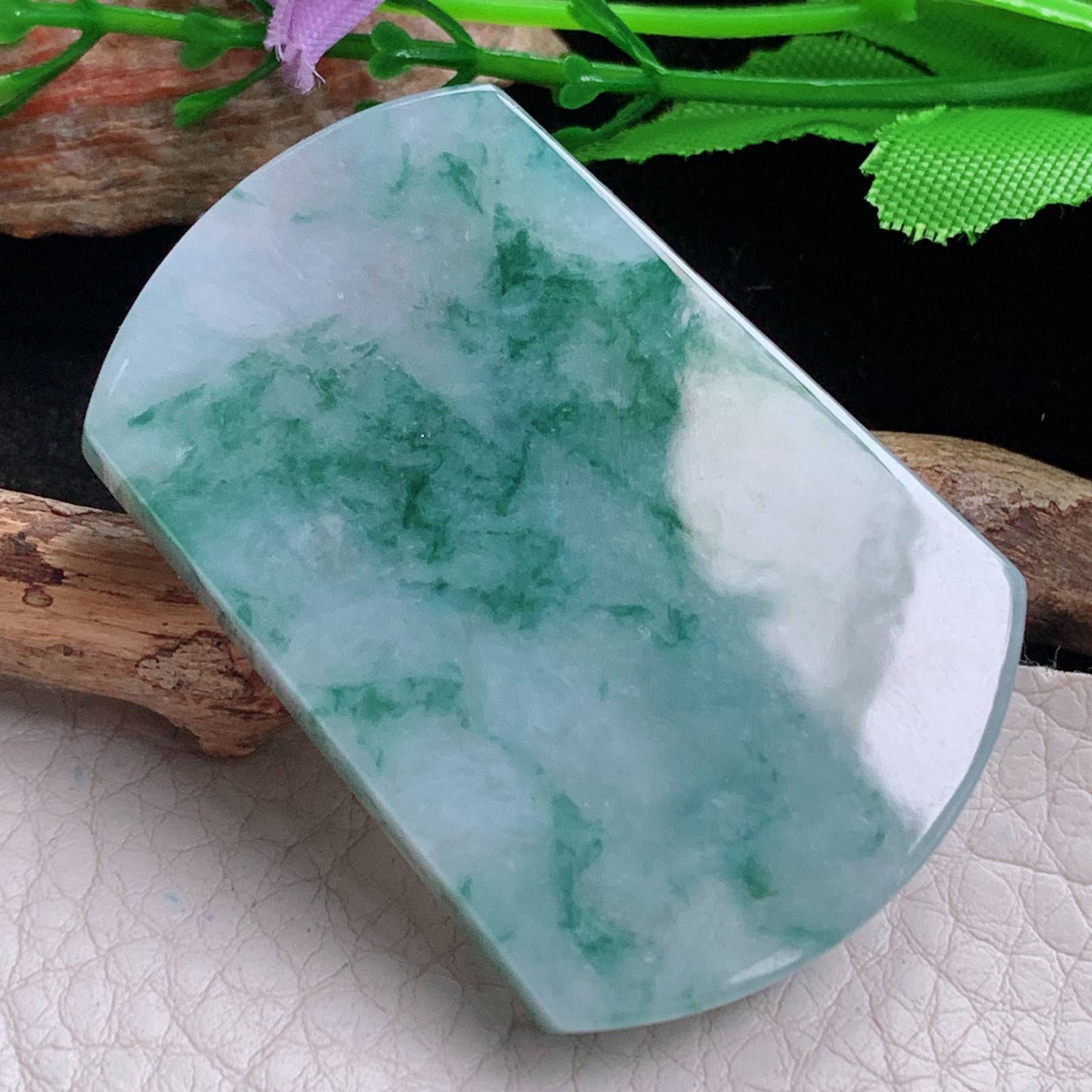 ktj实拍60.8*35*6.5天然缅甸翡翠冰飘花平安无事牌吊坠素面牌