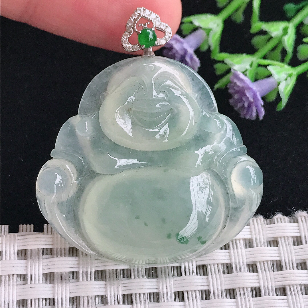 实拍A货翡翠34/36.6/6.6老坑18k金镶嵌冰晴飘花佛公吊坠翡翠玉挂件
