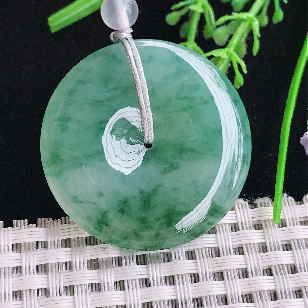 实拍A货翡翠35.9/5.8老坑冰胶果冻飘花平安扣吊坠翡翠玉扣挂件顶珠为装饰珠