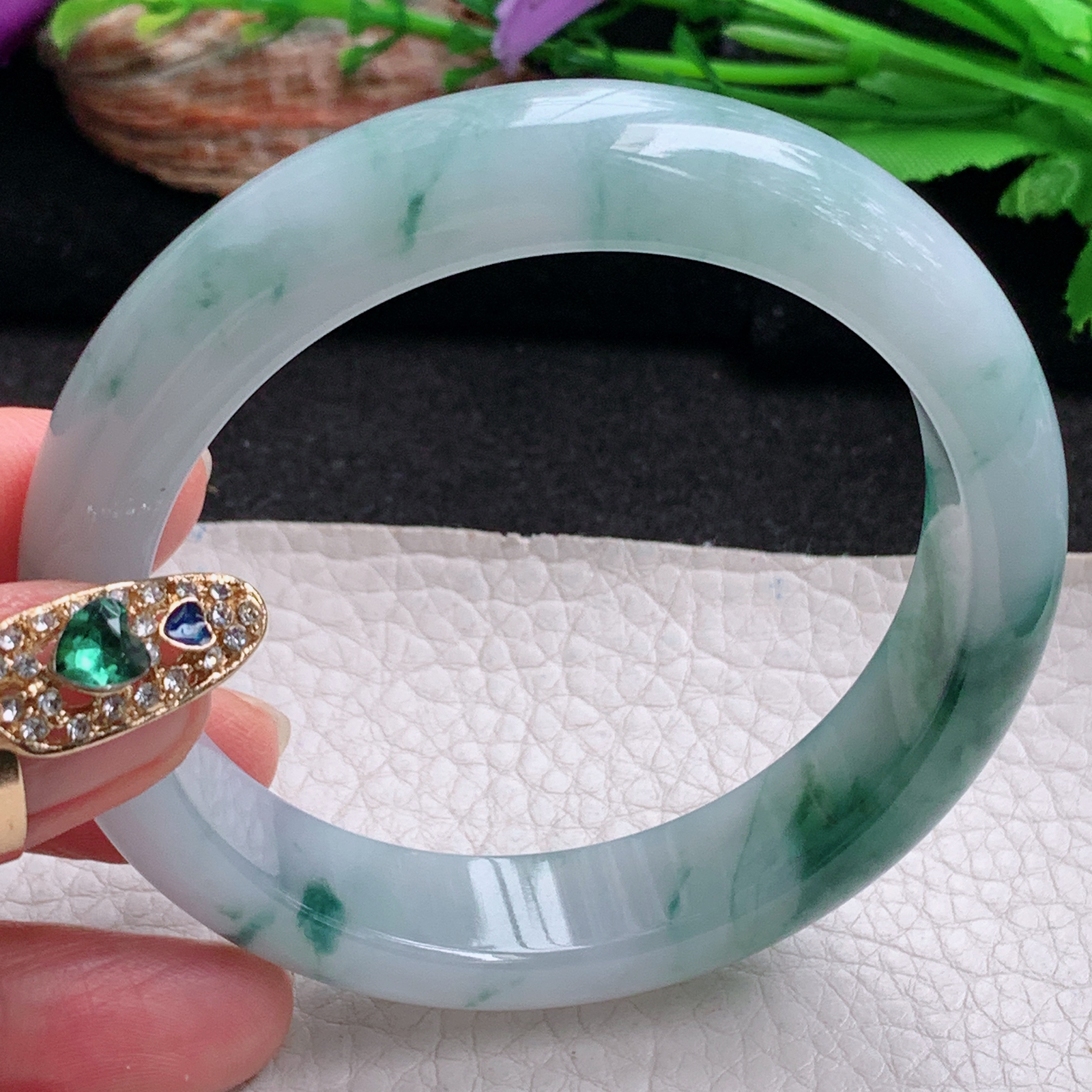 xc实拍58.5*13.5*8.3平安镯 天然翡翠a货手镯冰飘花正圈是大气玉镯子