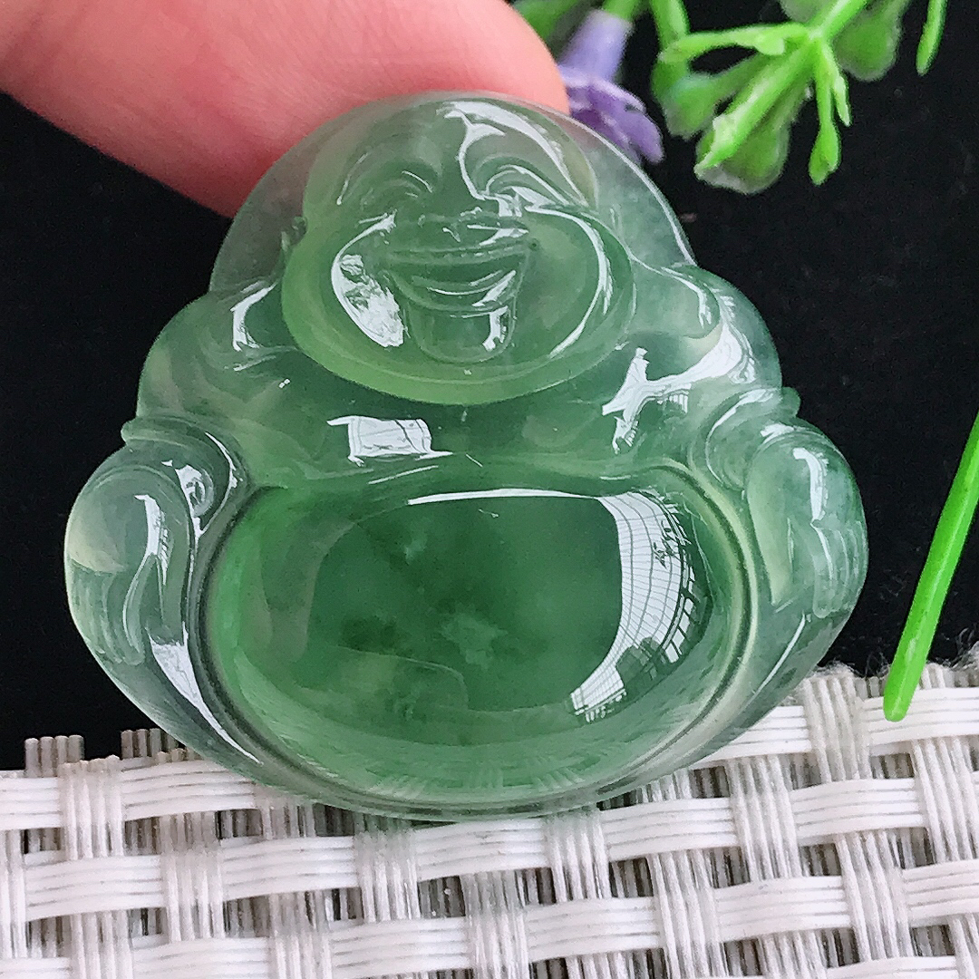 实拍A货翡翠32.8/35.3/6.8老坑冰种果冻胶满绿佛公吊坠翡翠玉佛挂件