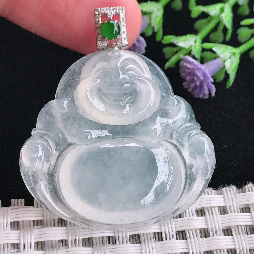 实拍A货翡翠32.6/34.9/6.8老坑18k金镶嵌冰种佛公吊坠翡翠玉佛挂件