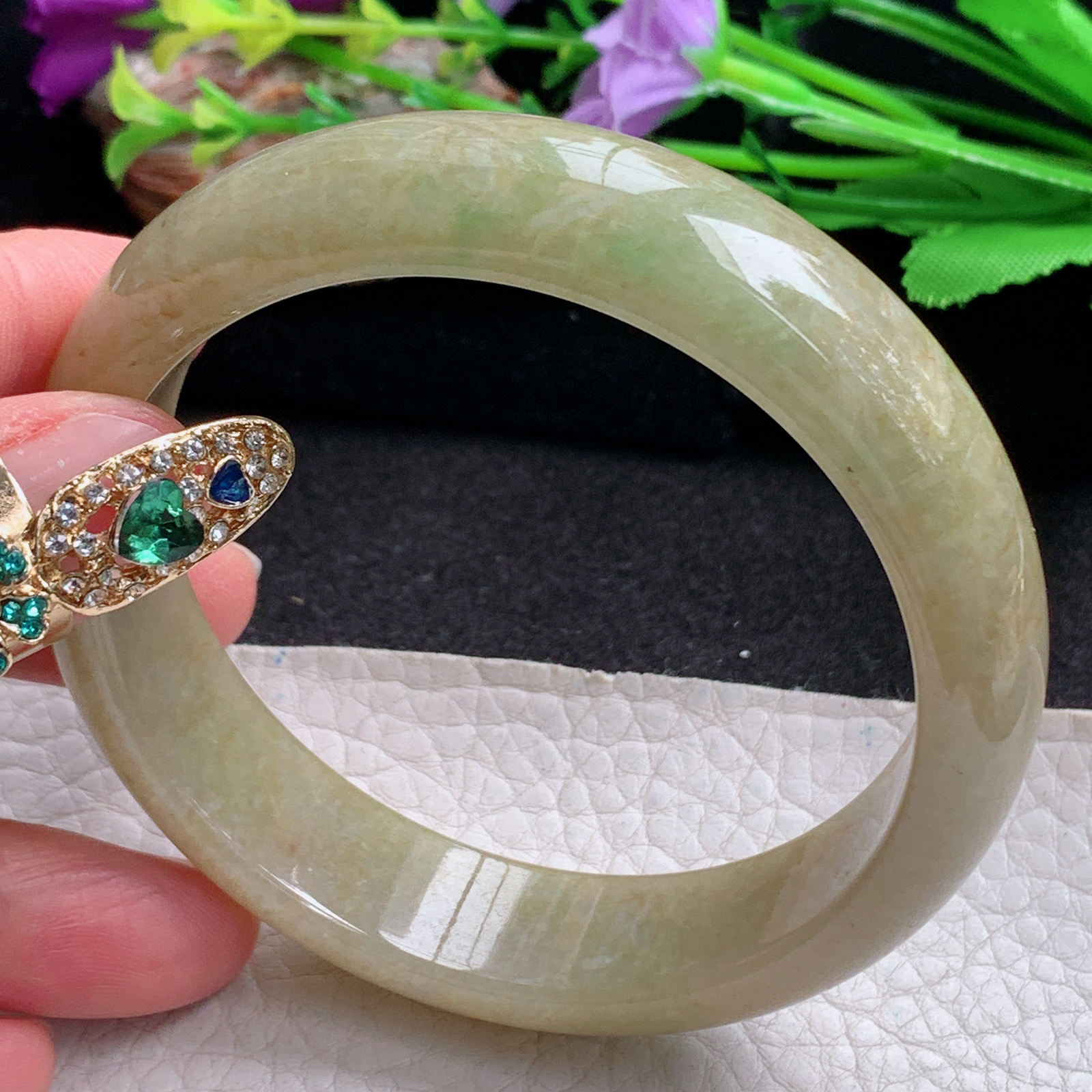 n大圈口61*15.5*8平安镯 天然翡翠a货手镯黄加绿正圈玉镯子