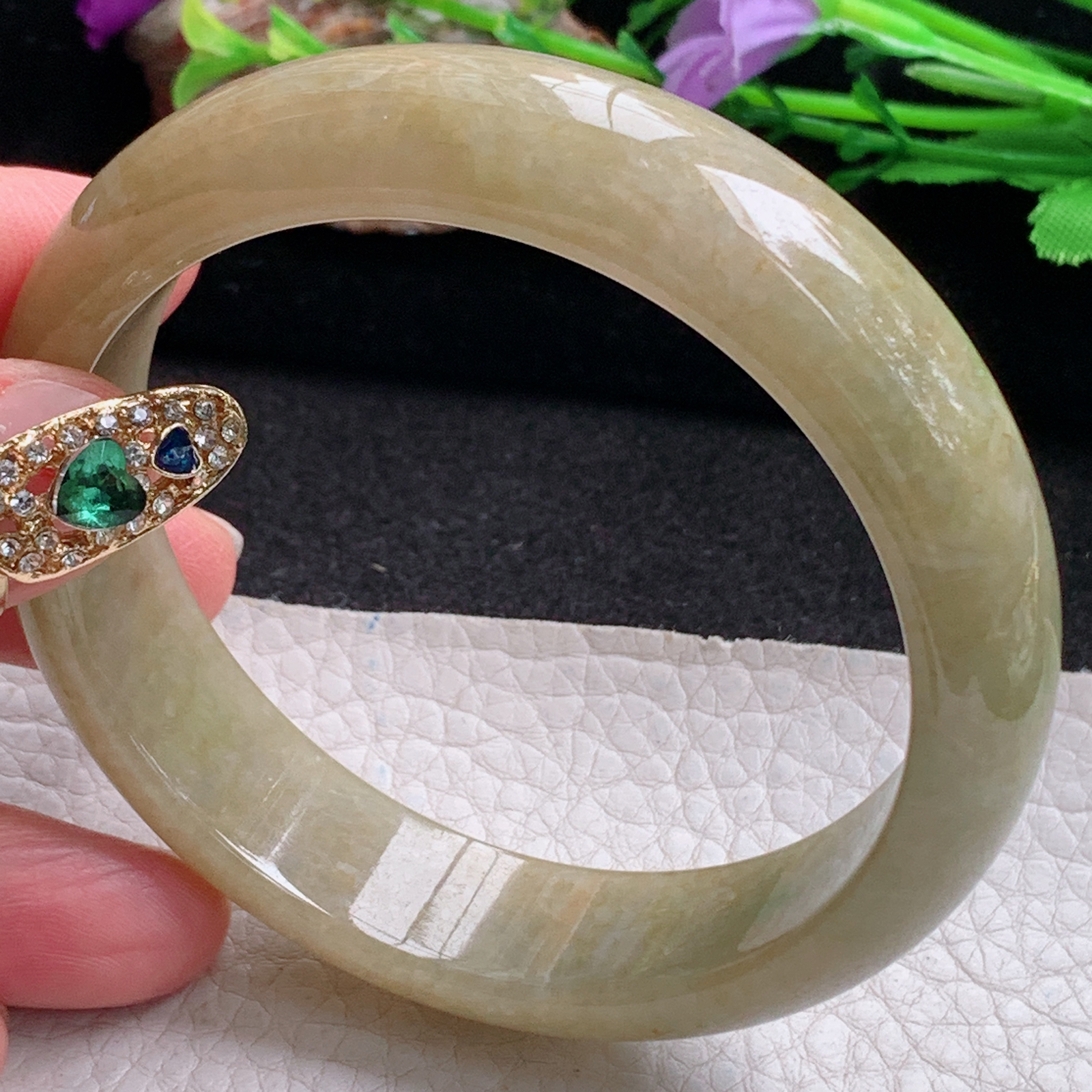 n大圈口61*15.5*8平安镯 天然翡翠a货手镯黄加绿正圈玉镯子