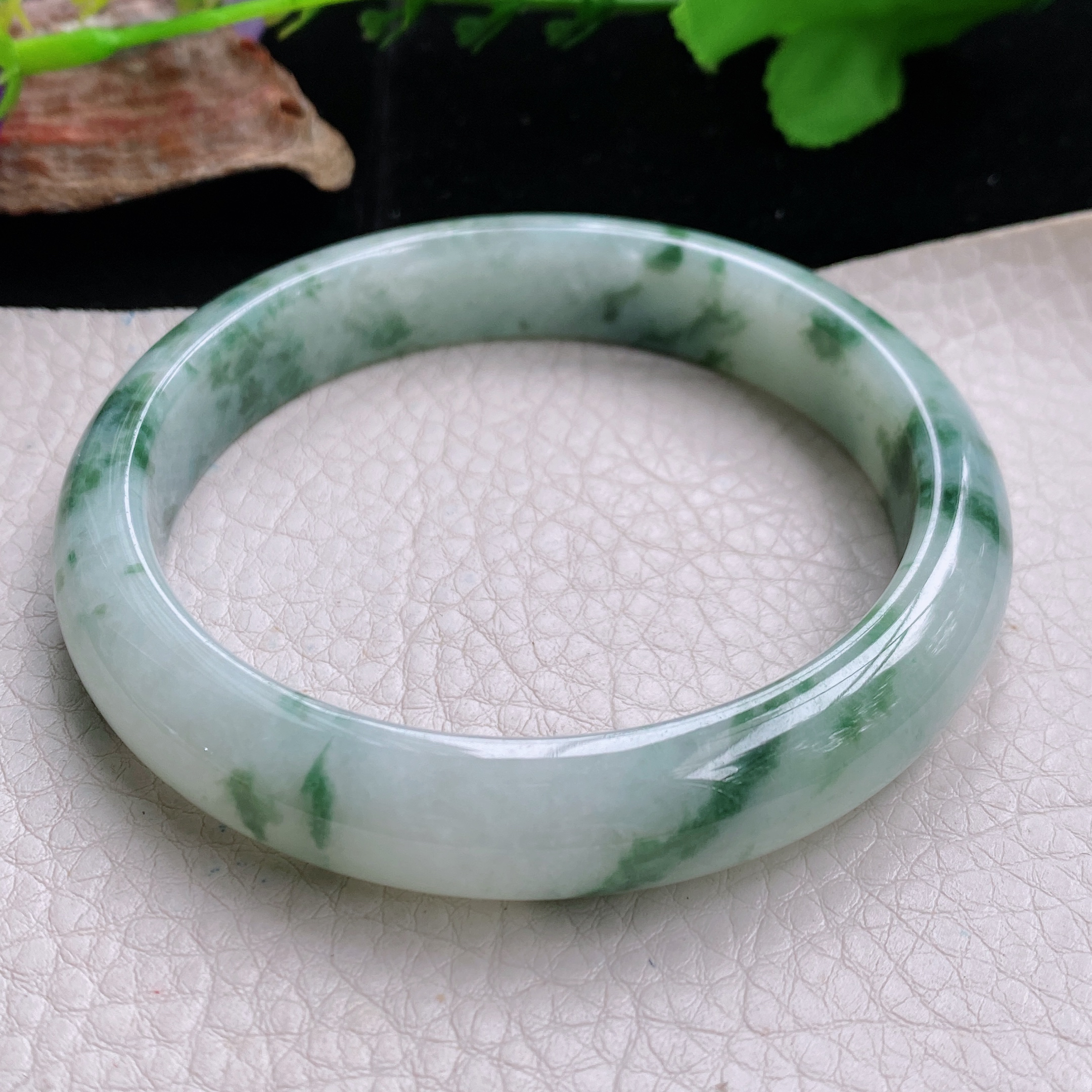 ll大圈口63*12.5*8.3平安镯 天然缅甸翡翠手镯飘花宽边正圈玉镯子