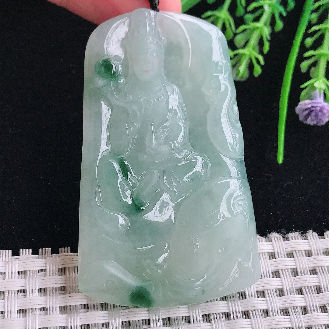 实拍A货翡翠52.6/31.5/6老坑冰胶果冻飘花普贤菩萨吊坠翡翠玉挂件