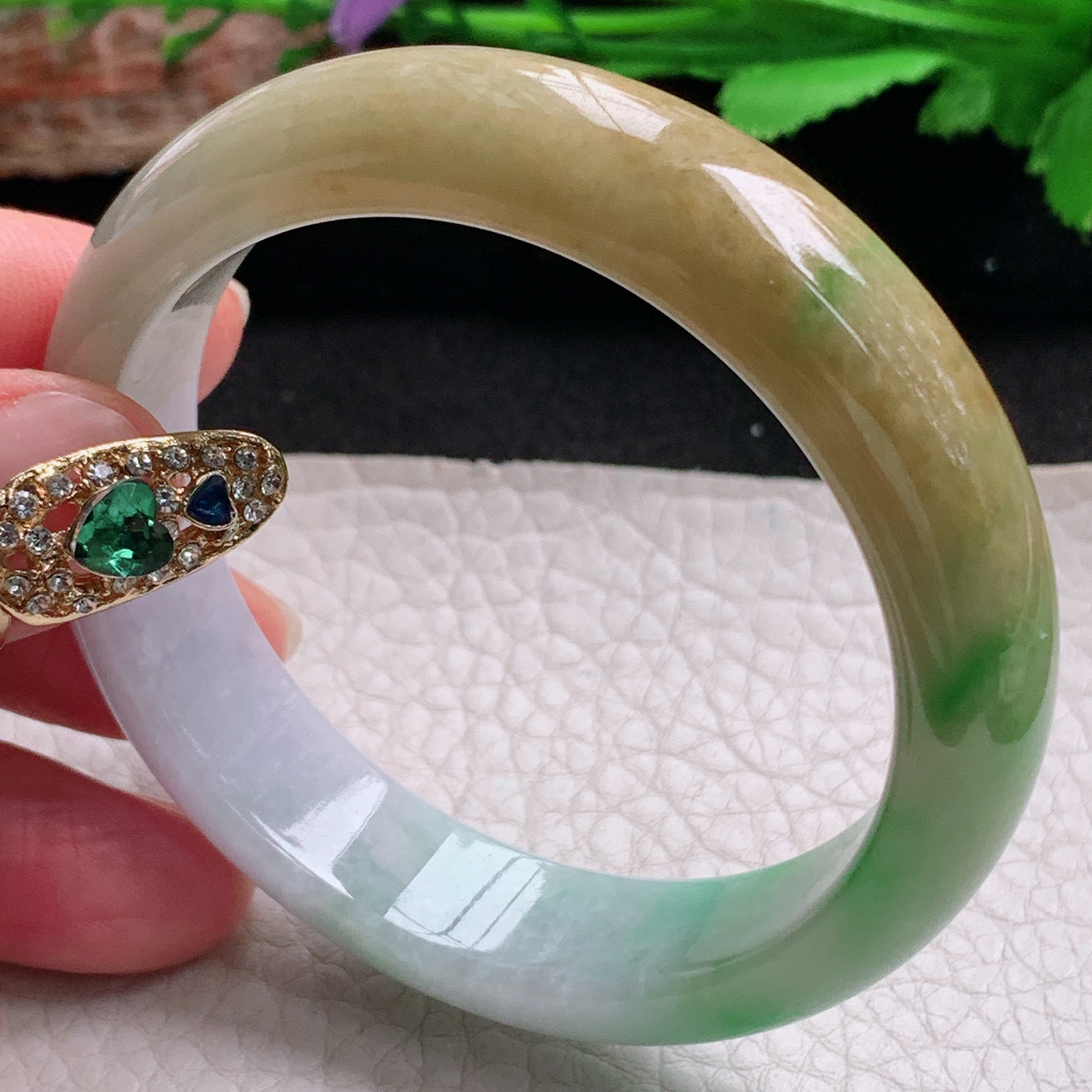 hh实拍53*13.3*7.5平安镯 天然翡翠a货手镯水润三彩正圈玉镯子