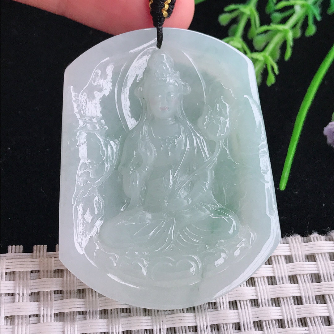 实拍A货翡翠50.8/41/6.3老坑冰纯起胶冰晴持莲观音吊坠翡翠玉大势至挂件