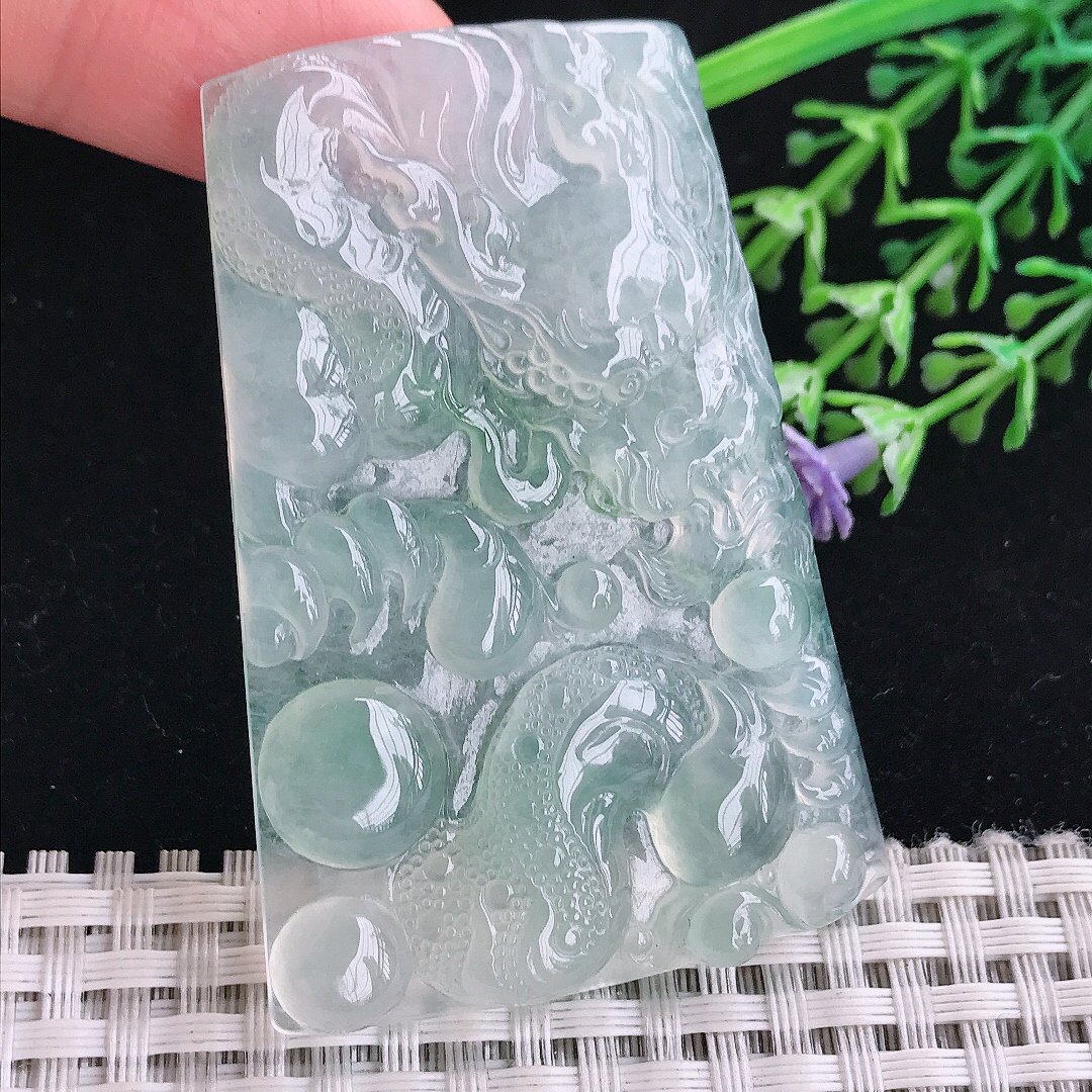 实拍A货翡翠60/41/5.5老坑冰种起胶冰晴底龙牌吊坠翡翠玉挂件