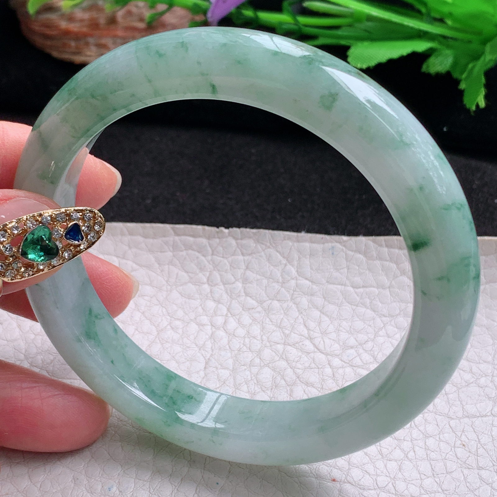 yh大圈口61.5*12*9.6平安镯 天然翡翠a货手镯冰飘花正圈玉镯子