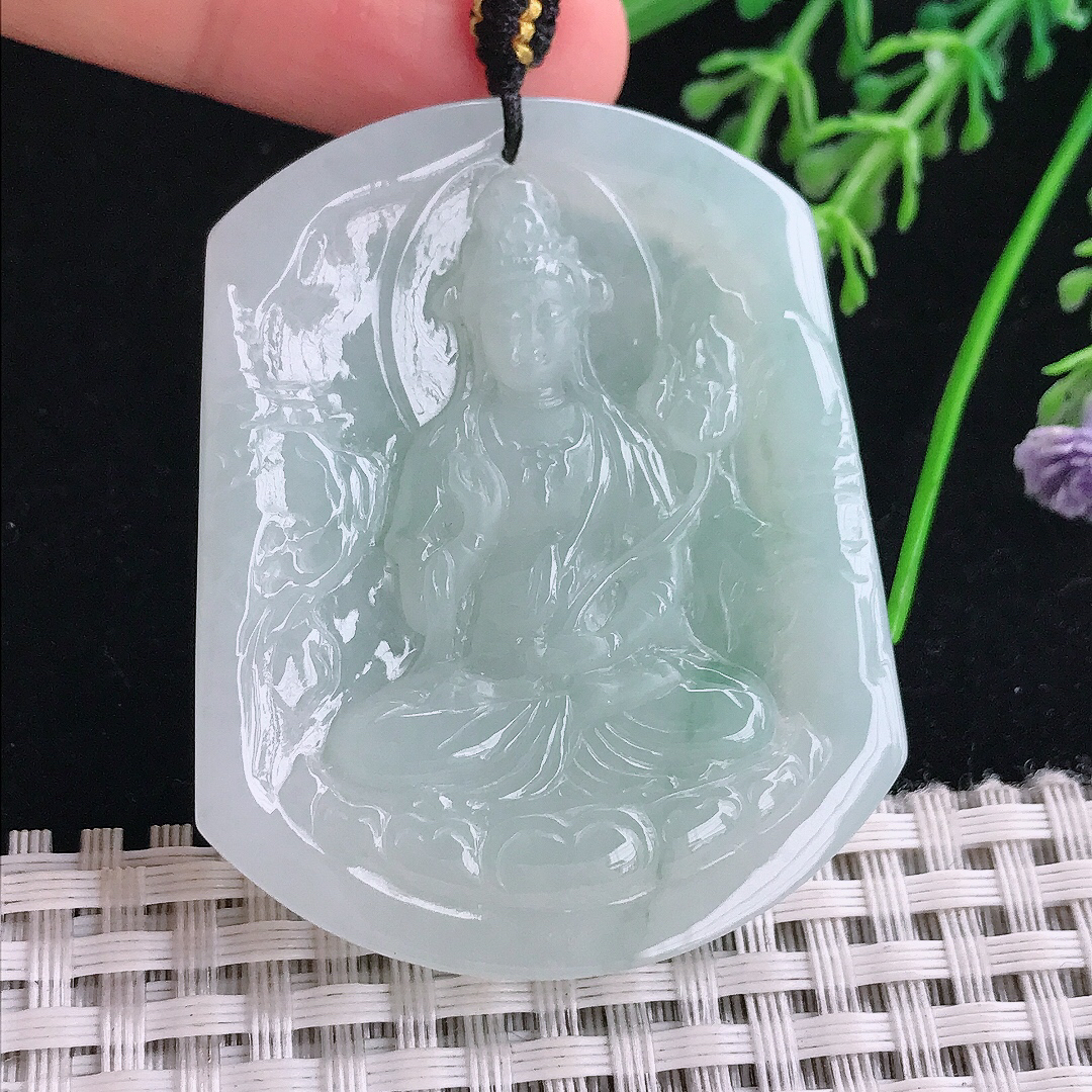 实拍A货翡翠50.8/41/6.3老坑冰纯起胶冰晴持莲观音吊坠翡翠玉大势至挂件