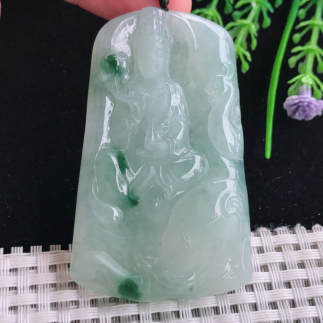 实拍A货翡翠52.6/31.5/6老坑冰胶果冻飘花普贤菩萨吊坠翡翠玉挂件