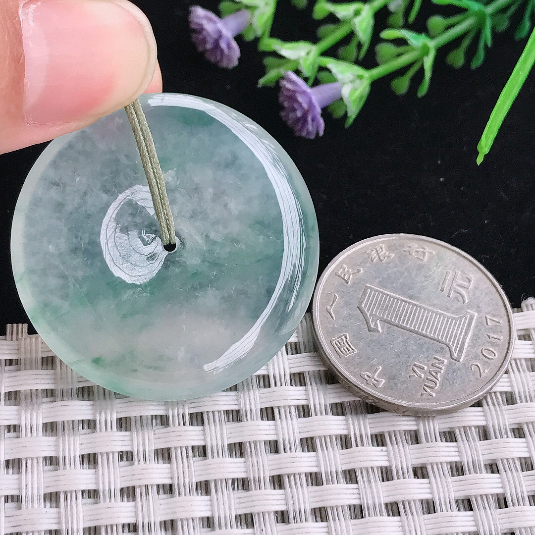 实拍A货翡翠35.5/5.9老坑冰种果冻胶冰飘花平安扣吊坠翡翠玉挂件