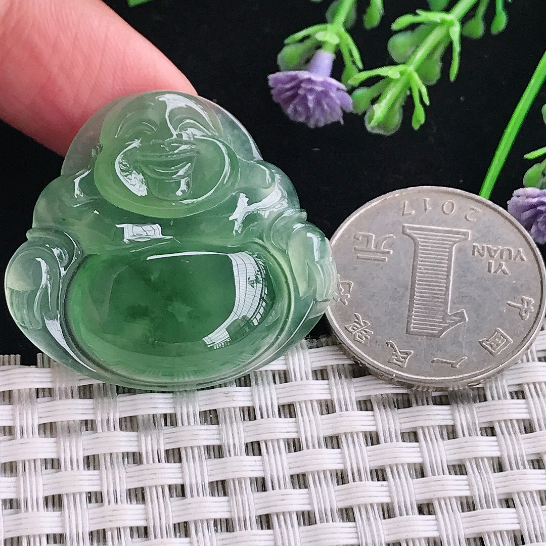 实拍A货翡翠32.8/35.3/6.8老坑冰种果冻胶满绿佛公吊坠翡翠玉佛挂件