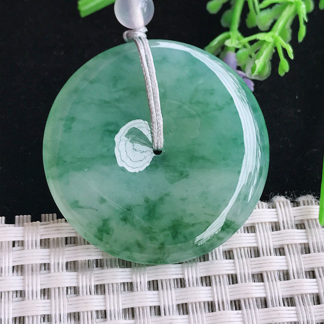 实拍A货翡翠35.9/5.8老坑冰胶果冻飘花平安扣吊坠翡翠玉扣挂件顶珠为装饰珠