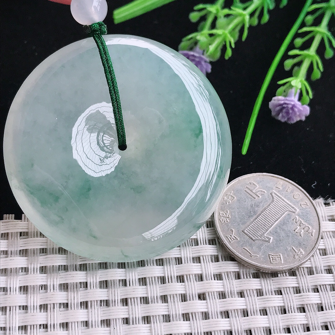 实拍A货翡翠49.6/10.5老坑冰种果冻胶冰飘花超大平安扣吊坠翡翠玉挂件