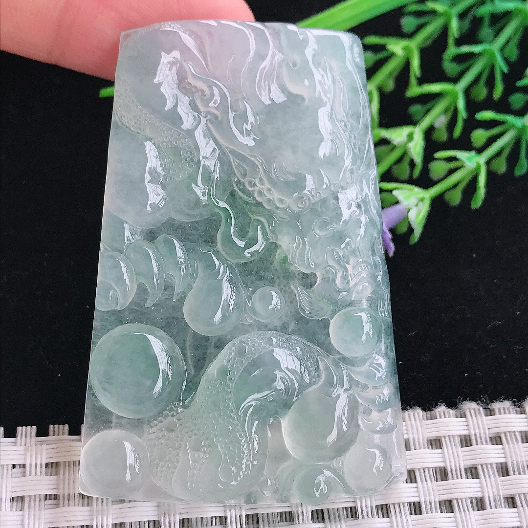 实拍A货翡翠60/41/5.5老坑冰种起胶冰晴底龙牌吊坠翡翠玉挂件
