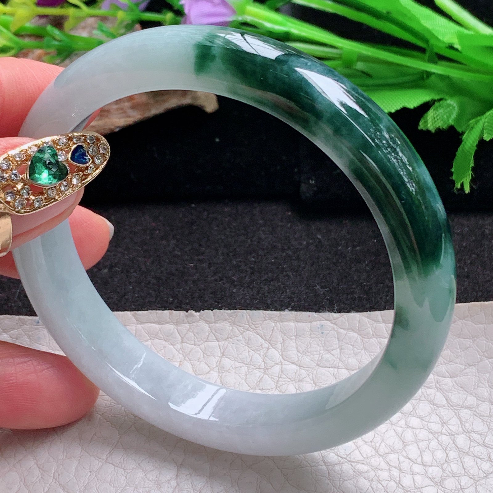 js大圈口60*12*7.7招财镯 天然翡翠a货手镯辣色半山半水正圈玉镯子