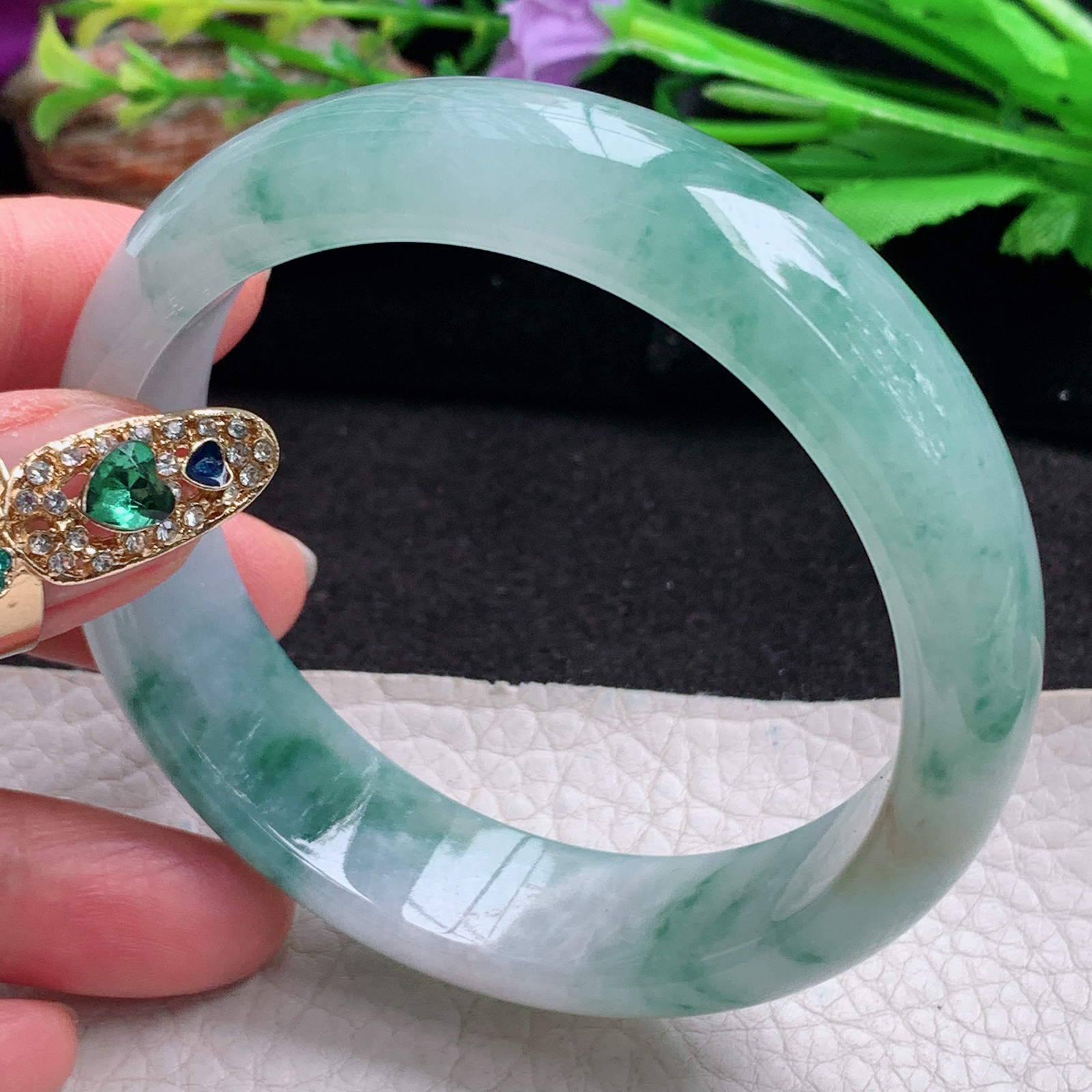 ax实拍59*16*8轮胎镯 天然翡翠a货手镯冰飘花大气正圈玉镯子