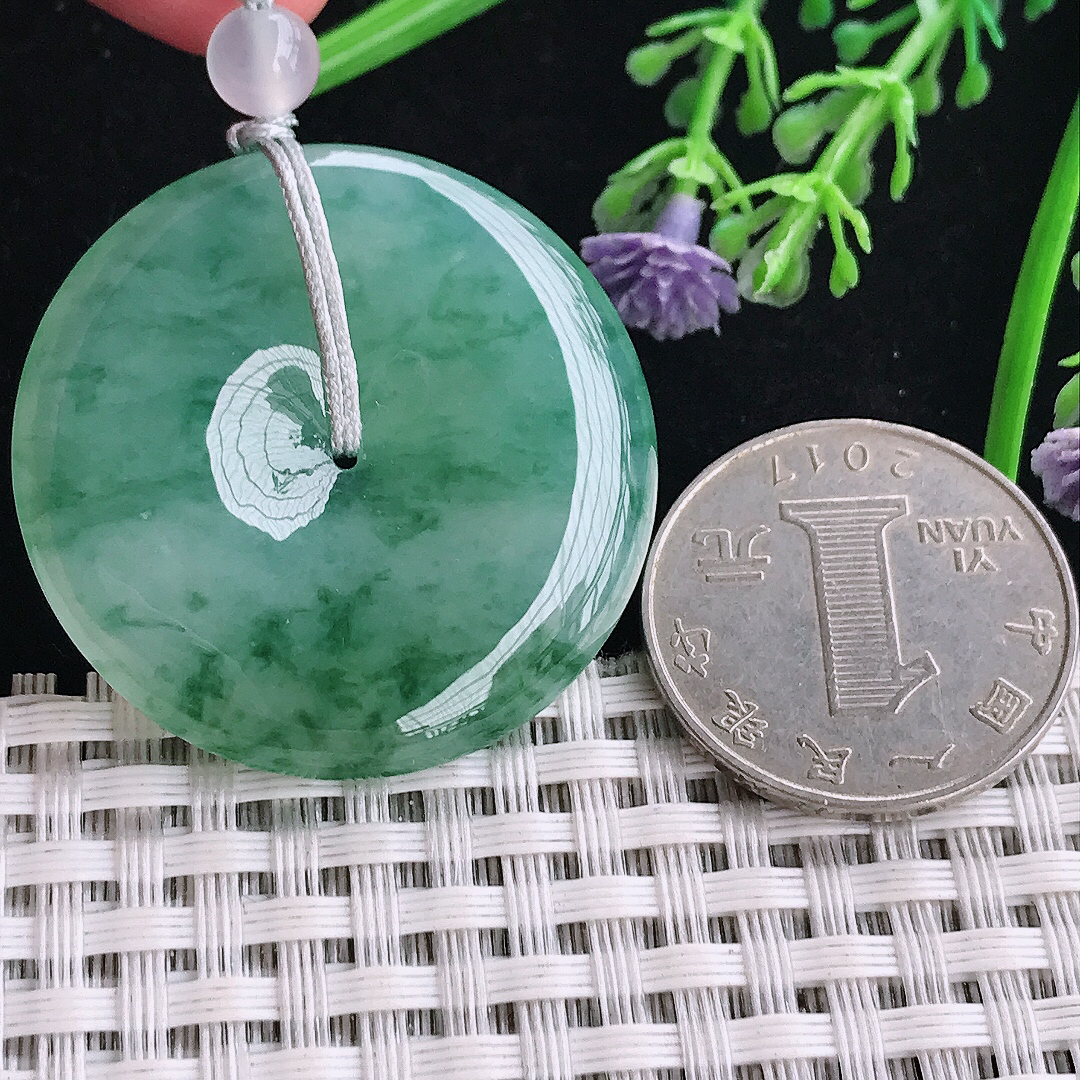 实拍A货翡翠35.9/5.8老坑冰胶果冻飘花平安扣吊坠翡翠玉扣挂件顶珠为装饰珠